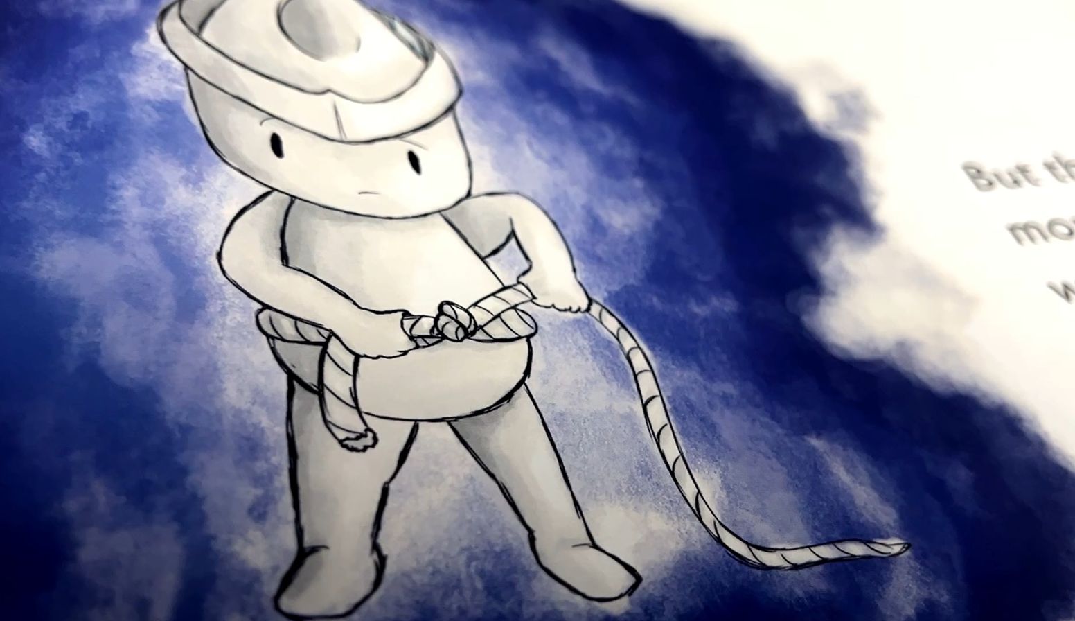 A character in a blue scene from Please Don’t Feed the Fears