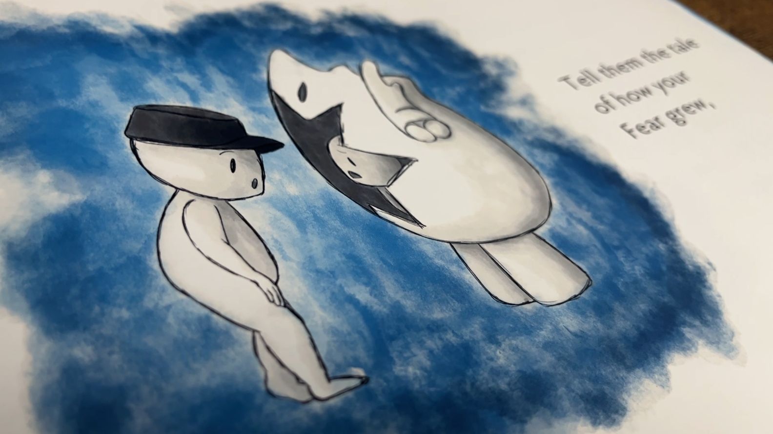 A child and a larger character from Please Don’t Feed the Fears